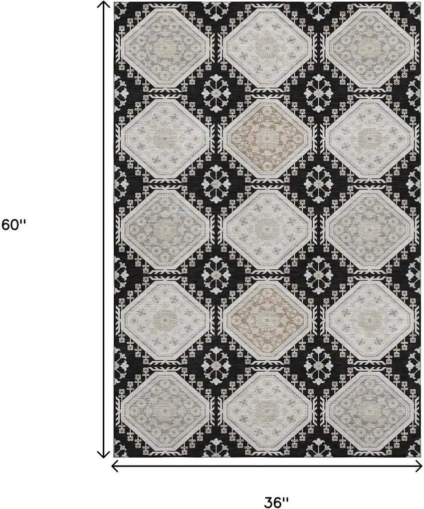 Black Silver And Gray Floral Washable Area Rug With UV Protection Photo 3