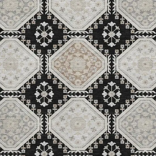 Black Silver And Gray Floral Washable Area Rug With UV Protection Photo 2