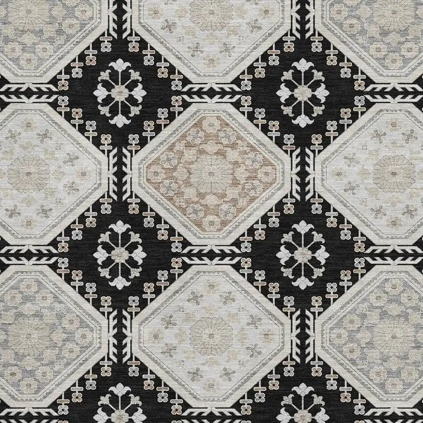 Black Silver And Gray Floral Washable Area Rug With UV Protection Photo 2