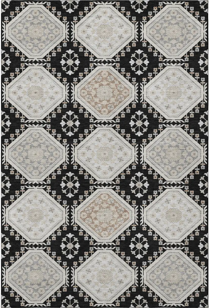 Black Silver And Gray Floral Washable Area Rug With UV Protection Photo 3