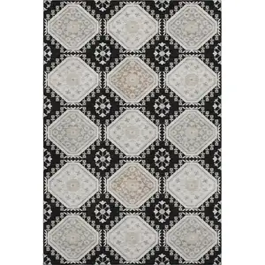 Photo of Black Silver And Gray Floral Washable Area Rug With UV Protection