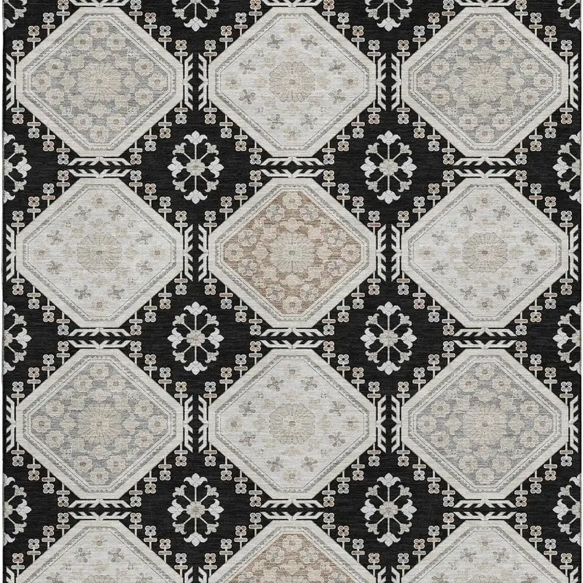 Black Silver And Gray Floral Washable Area Rug With UV Protection Photo 3
