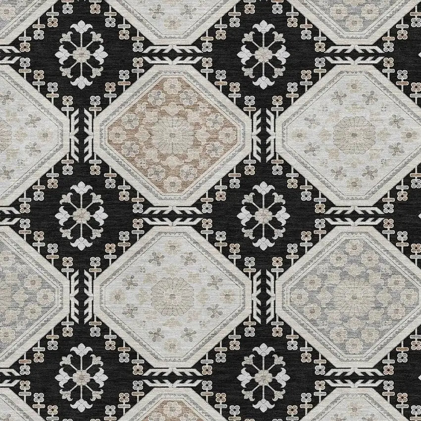 Black Silver And Gray Floral Washable Area Rug With UV Protection Photo 2