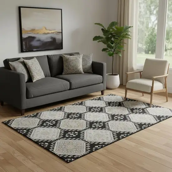 Black Silver And Gray Floral Washable Area Rug With UV Protection Photo 2