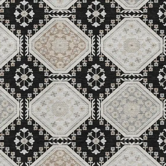 Black Silver And Gray Floral Washable Area Rug With UV Protection Photo 2
