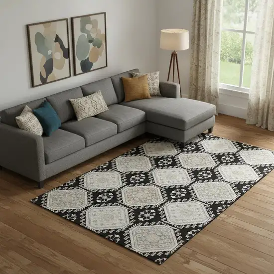 Black Silver And Gray Floral Washable Area Rug With UV Protection Photo 2