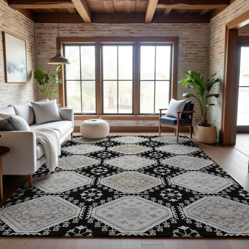 Black Silver And Gray Floral Washable Area Rug With UV Protection Photo 5