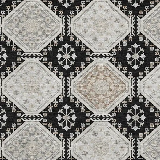 Black Silver And Gray Floral Washable Area Rug With UV Protection Photo 2
