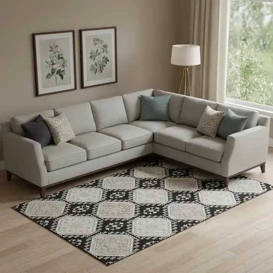 Black Silver And Gray Floral Washable Area Rug With UV Protection Photo 2