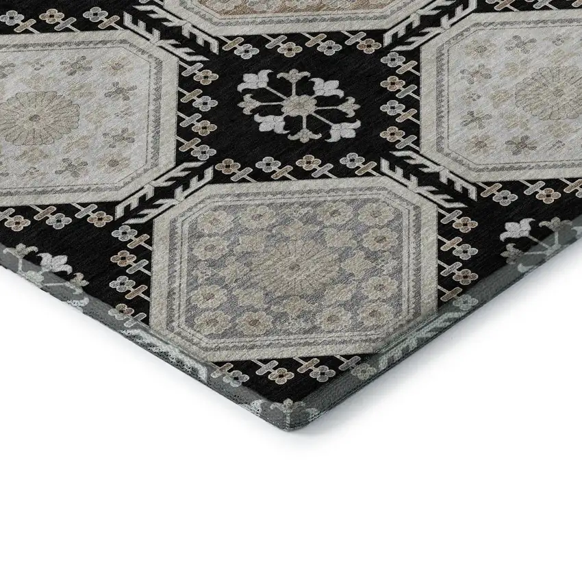 Black Silver And Gray Floral Washable Area Rug With UV Protection Photo 7