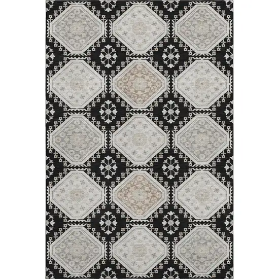 Black Silver And Gray Floral Washable Area Rug With UV Protection Photo 1