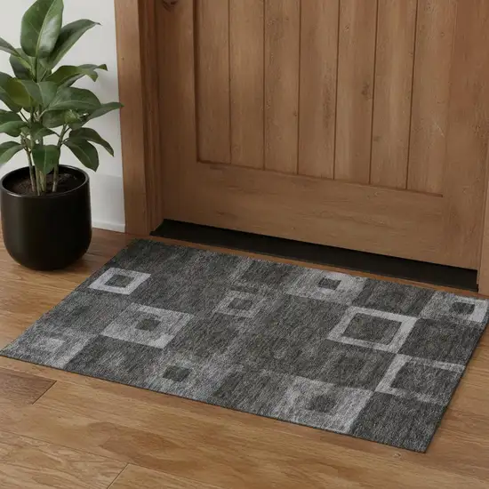Black Silver And Gray Geometric Washable Area Rug With UV Protection Photo 1