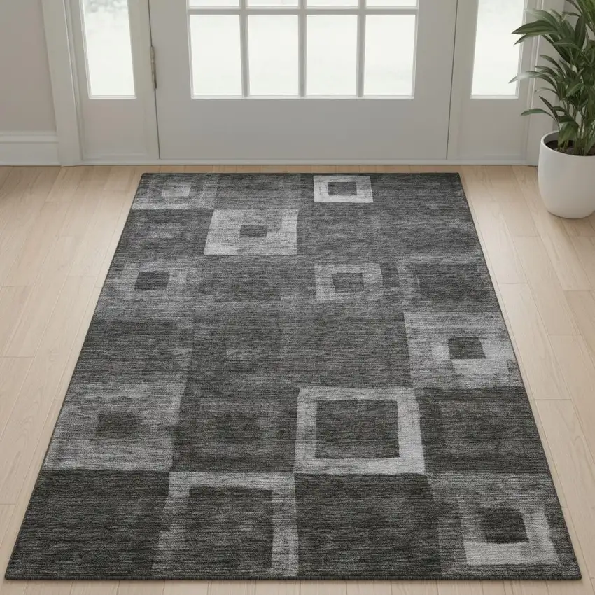 Black Silver And Gray Geometric Washable Area Rug With UV Protection Photo 2