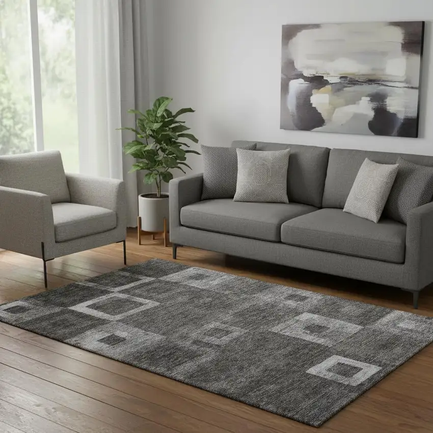 Black Silver And Gray Geometric Washable Area Rug With UV Protection Photo 2