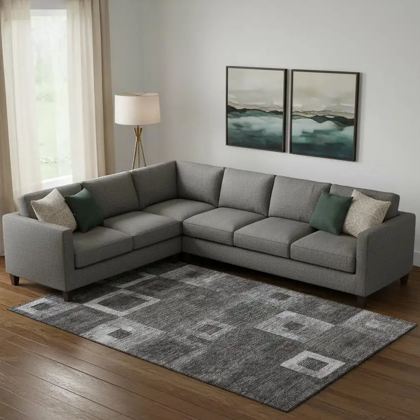 Black Silver And Gray Geometric Washable Area Rug With UV Protection Photo 2