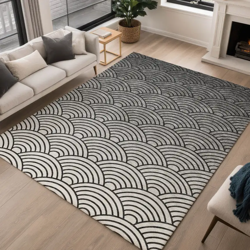 Black Silver And Gray Geometric Washable Indoor Outdoor Area Rug Photo 5