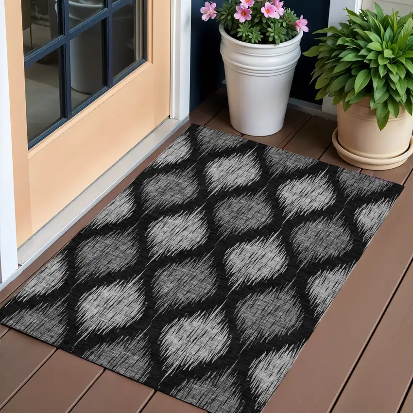 Black Silver And Gray Ikat Washable Indoor Outdoor Area Rug Photo 1