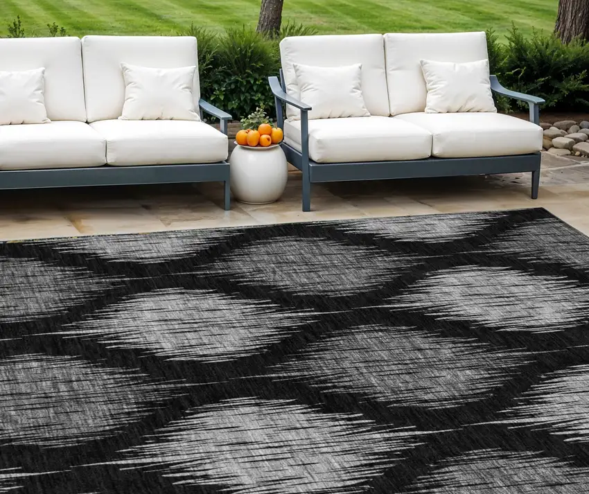 Black Silver And Gray Ikat Washable Indoor Outdoor Area Rug Photo 1