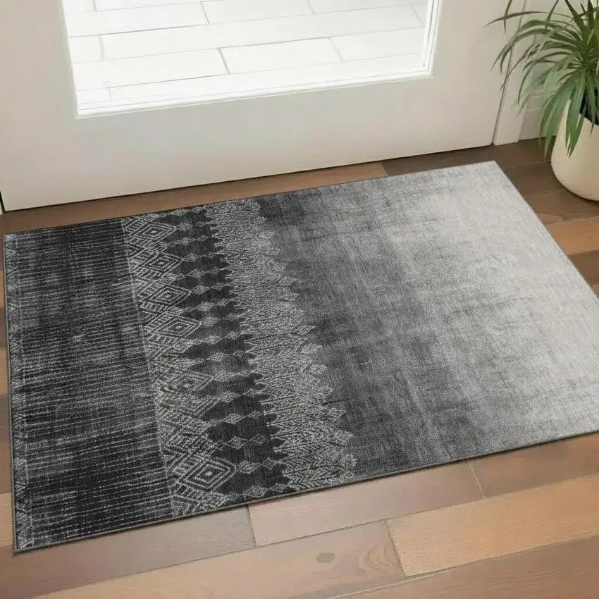Black Silver And Gray Ombre Washable Area Rug With UV Protection Photo 2