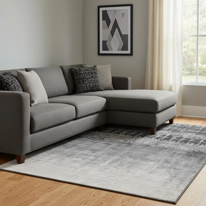 Black Silver And Gray Ombre Washable Area Rug With UV Protection Photo 2