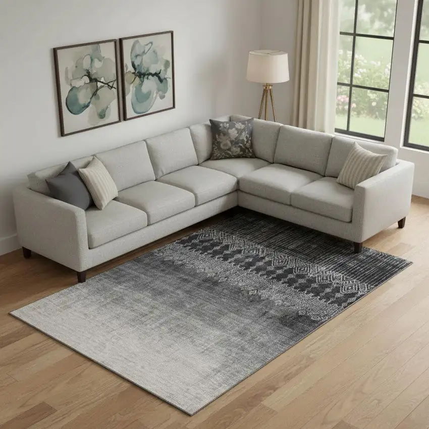 Black Silver And Gray Ombre Washable Area Rug With UV Protection Photo 2