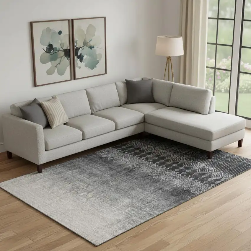 Black Silver And Gray Ombre Washable Area Rug With UV Protection Photo 2