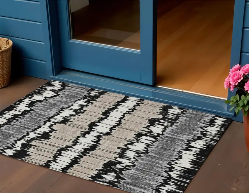 Black Silver And Gray Striped Washable Indoor Outdoor Area Rug Photo 1