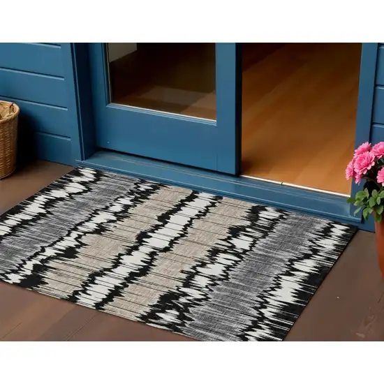 Black Silver And Gray Striped Washable Indoor Outdoor Area Rug Photo 1