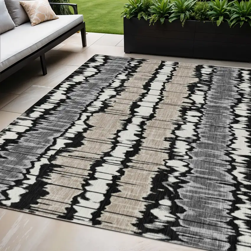 Black Silver And Gray Striped Washable Indoor Outdoor Area Rug Photo 1