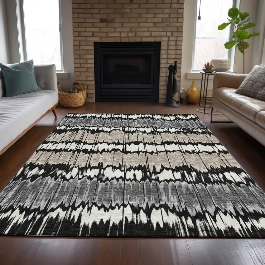 Black Silver And Gray Striped Washable Indoor Outdoor Area Rug Photo 7