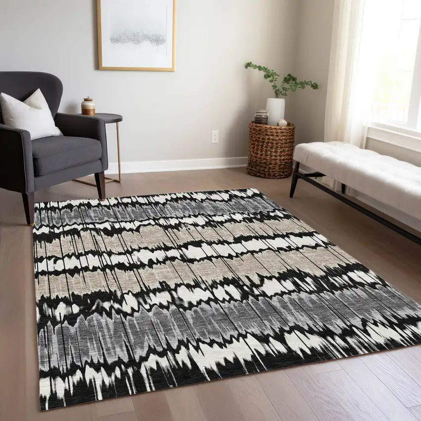 Black Silver And Gray Striped Washable Indoor Outdoor Area Rug Photo 8