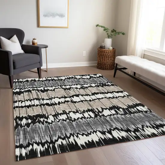 Black Silver And Gray Striped Washable Indoor Outdoor Area Rug Photo 8