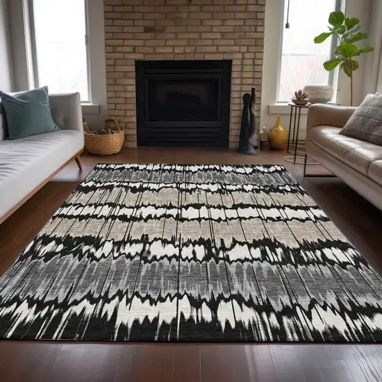 Black Silver And Gray Striped Washable Indoor Outdoor Area Rug Photo 7