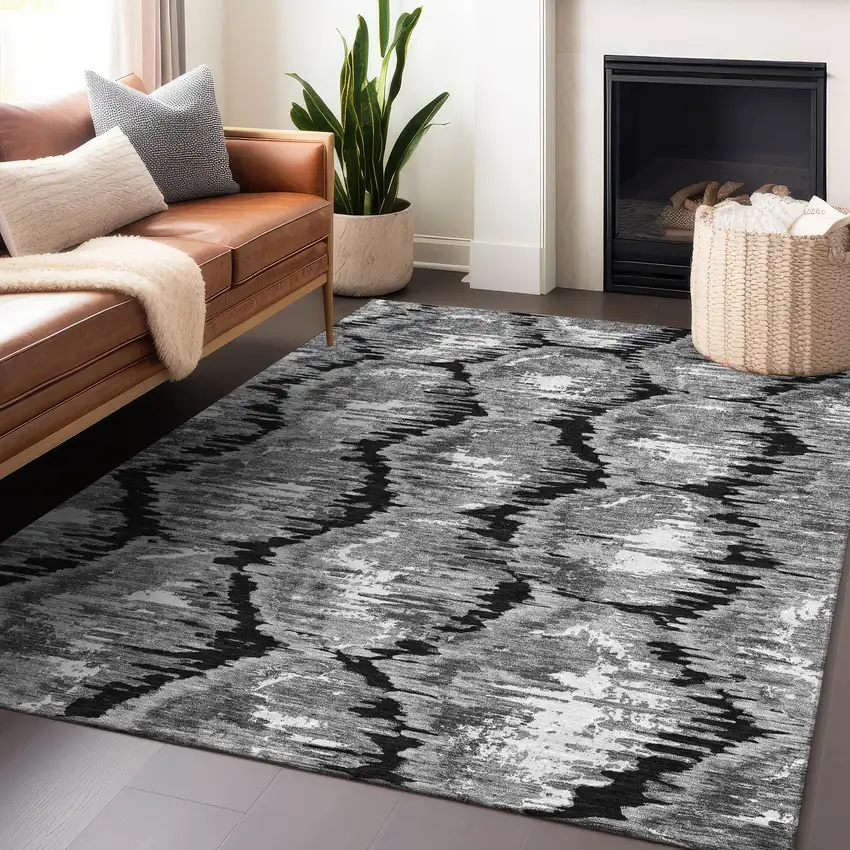 Black Silver And Ivory Diamond Washable Area Rug With UV Protection Photo 6