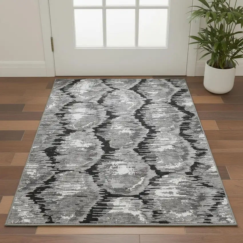 Black Silver And Ivory Diamond Washable Area Rug With UV Protection Photo 2