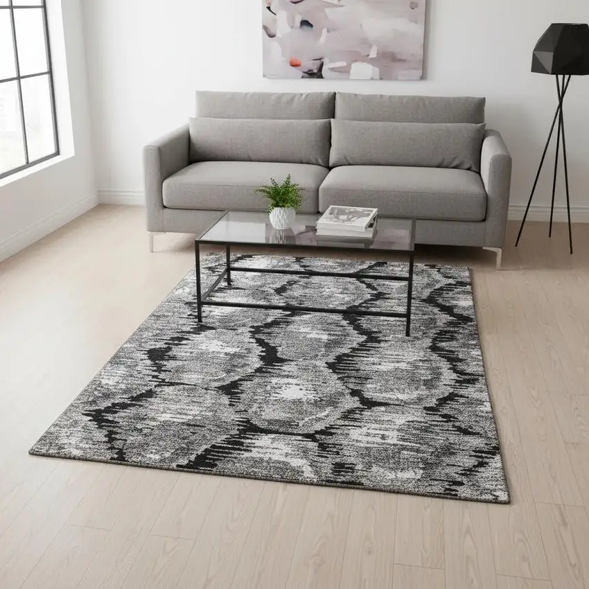 Black Silver And Ivory Diamond Washable Area Rug With UV Protection Photo 2