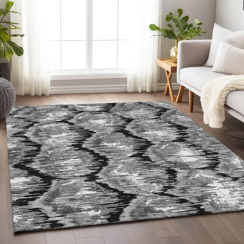 Black Silver And Ivory Diamond Washable Area Rug With UV Protection Photo 5