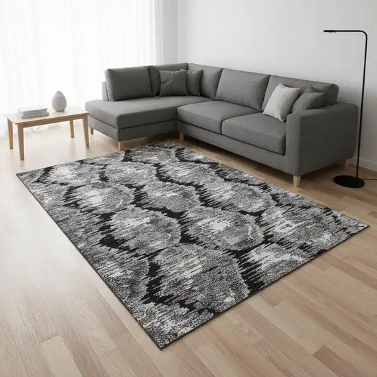 Black Silver And Ivory Diamond Washable Area Rug With UV Protection Photo 2