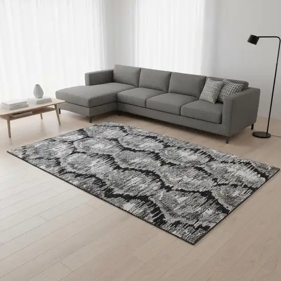 Black Silver And Ivory Diamond Washable Area Rug With UV Protection Photo 2