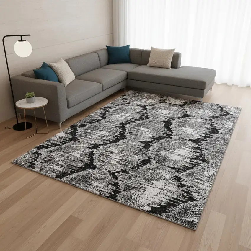 Black Silver And Ivory Diamond Washable Area Rug With UV Protection Photo 2