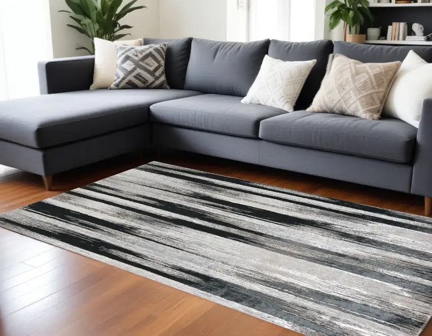 Black Silver and Gray Abstract Power Loom Area Rug Photo 1