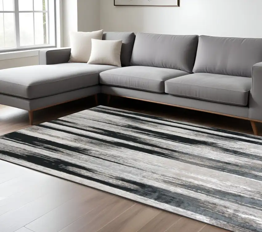 Black Silver and Gray Abstract Power Loom Area Rug Photo 1