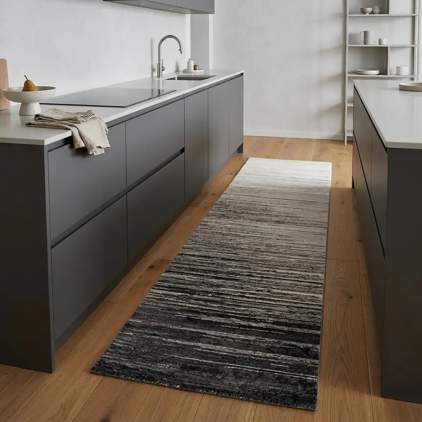 8' Beige And Black Abstract Runner Rug Photo 1