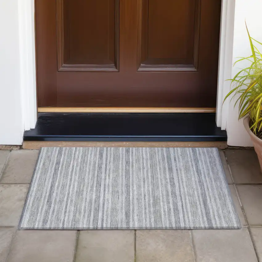 Black Silver and Gray Striped Washable Indoor Outdoor Area Rug Photo 5