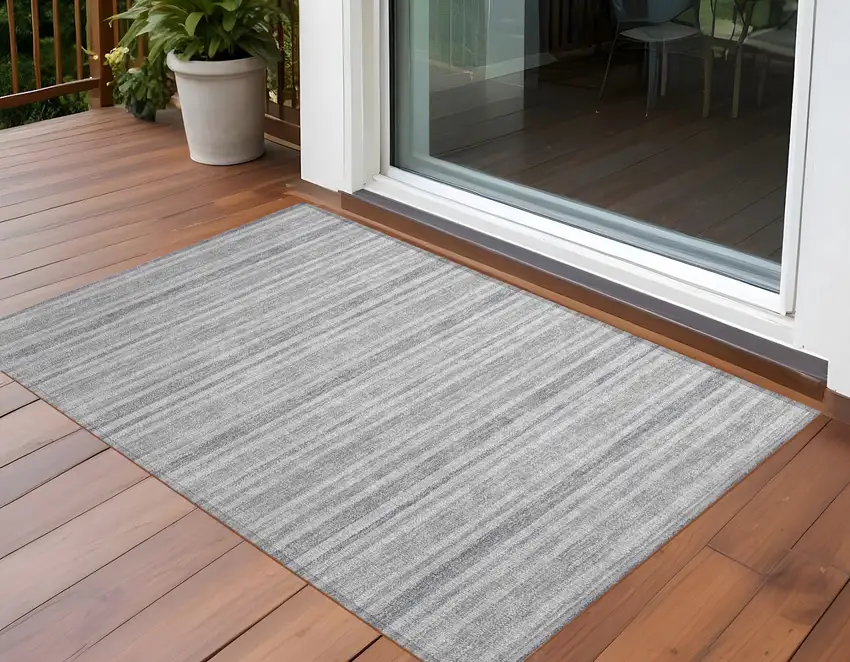 Black Silver and Gray Striped Washable Non Skid Indoor Outdoor Area Rug Photo 1