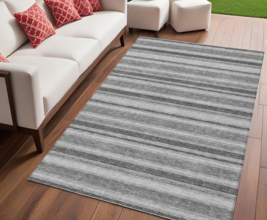 Black Silver and Gray Striped Washable Indoor Outdoor Area Rug Photo 1