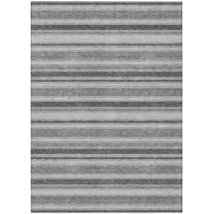 Photo of Black Silver and Gray Striped Washable Non Skid Indoor Outdoor Area Rug