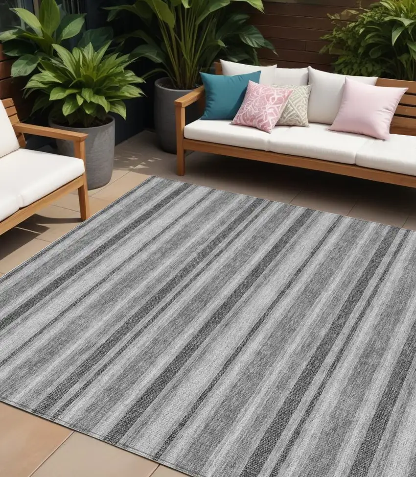 Black Silver and Gray Striped Washable Indoor Outdoor Area Rug Photo 1