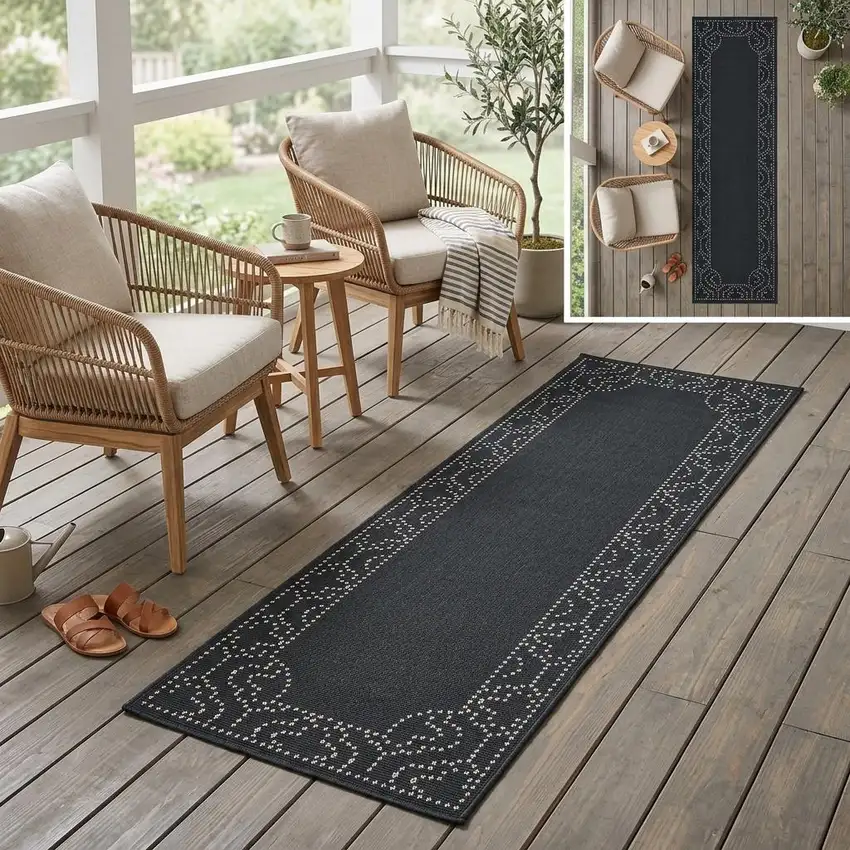 Black and Ivory Stain Resistant Indoor Outdoor Area Rug Photo 1