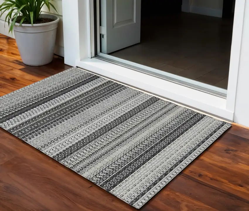 Black Striped Washable Non Skid Indoor Outdoor Area Rug Photo 1